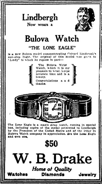 Bulova Lindbergh watch ad 1927