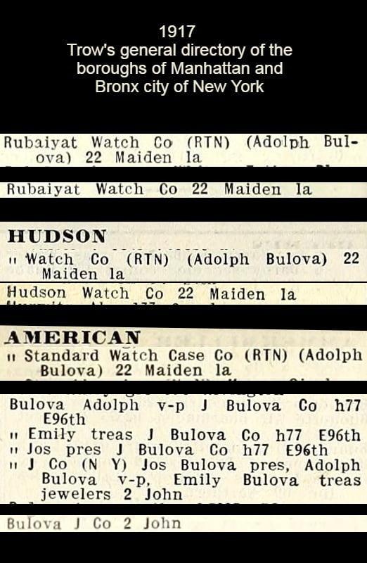 1917 Trow's general directory of the boroughs of Manhattan and Bronx city of New York - Bulova, Rubaiyat and Hudson Watch Companies