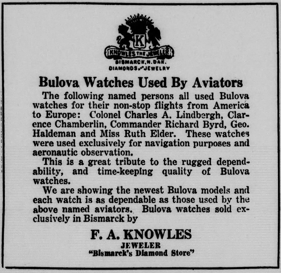 1927 Bulova Watch Avaitors - The-Bismarck-Tribune-October-26-1927