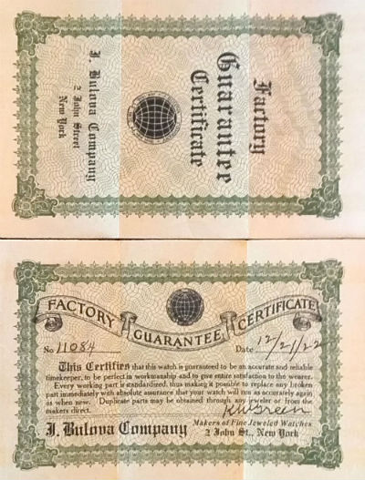 1922 J. Bulova Factory Guarantee Certificate 