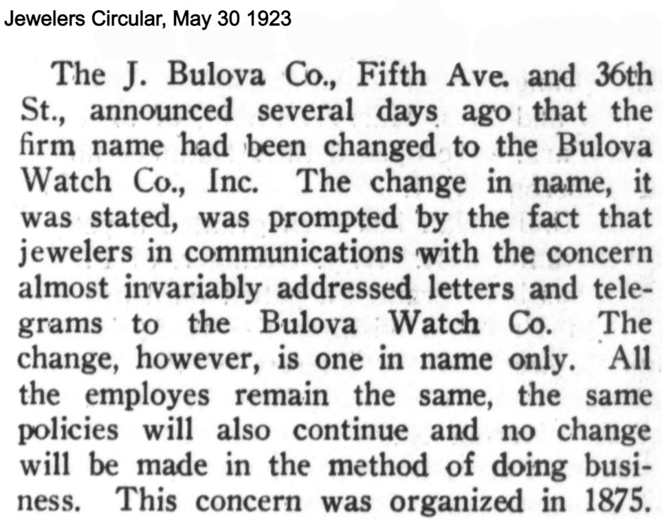 1923 J.Bulova name change annoucement to the Bulova Watch Company