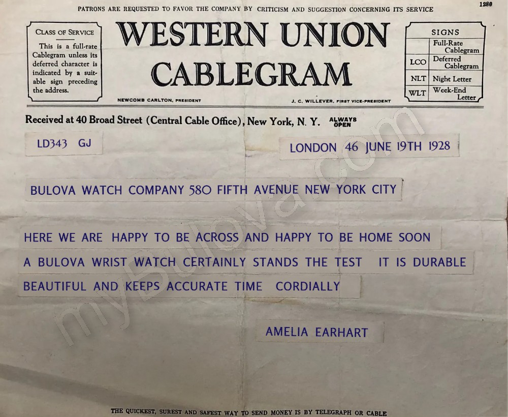 Bulva Lady Lindy watch - Western Union Cablegram 1928