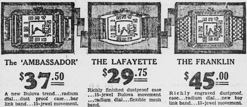 1929 Bulova Ambassador, Lafayette, Franklin watch advert