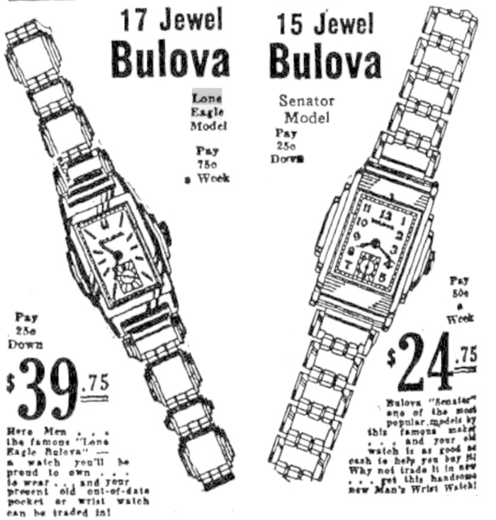1935 Bulova Lone Eagle and Senator watch adverts