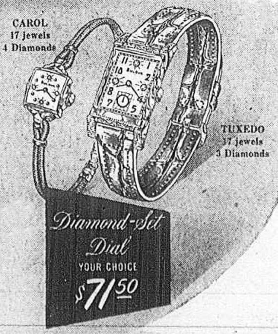 1949 Bulova Carol and Tuxedo watches with diamond dials.