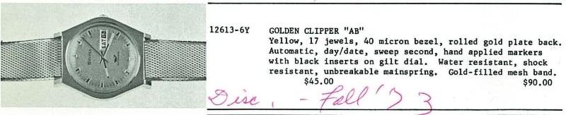 1972-73 Bulova Golden Clipper "AB"