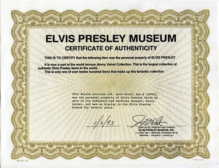 Certificate of authenticity. Elvis Presley 521 Bulova Accutron watch