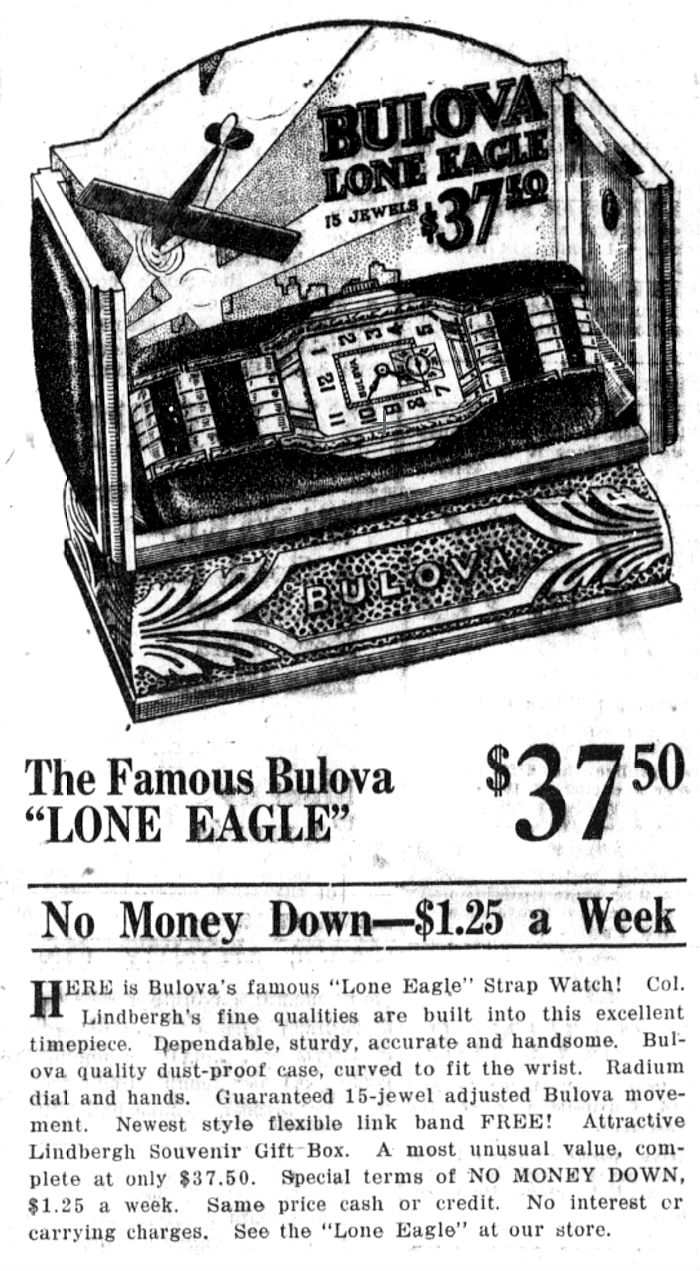 1932 Bulova Lone Eagle watch advert with box and display card