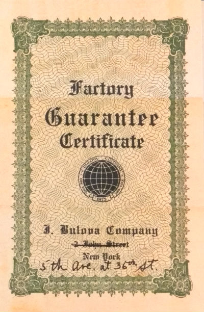 1922 J. Bulova Factory Guarantee Certificate 