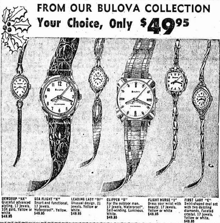 1966 Bulova watch advert Dewdrop, Clipper, Flight Nurse, First Lady