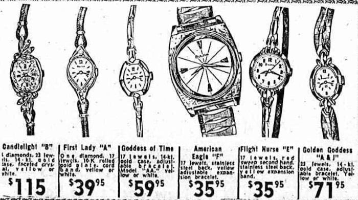 1966 Bulova watch advert; Candlelight, First Lady, Goddess of time, American Eagle, Flight Nurse, Golden Goddess