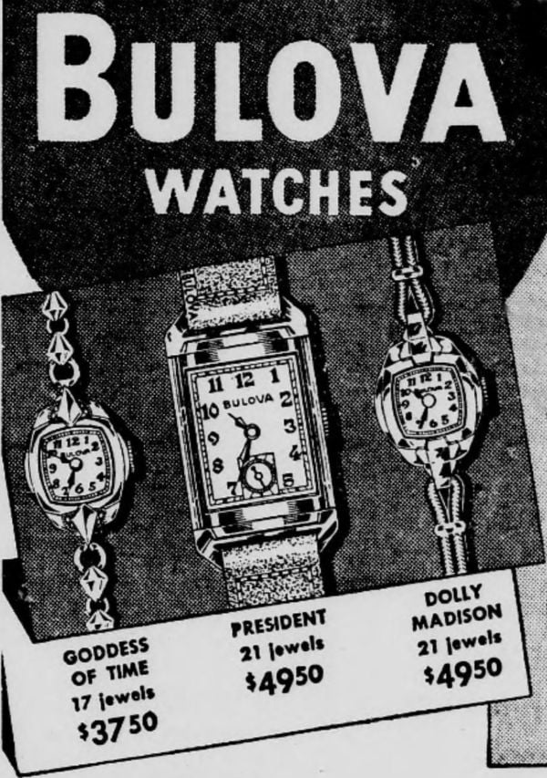 1943 Bulova Goddess of Time, President, Dolly Madison