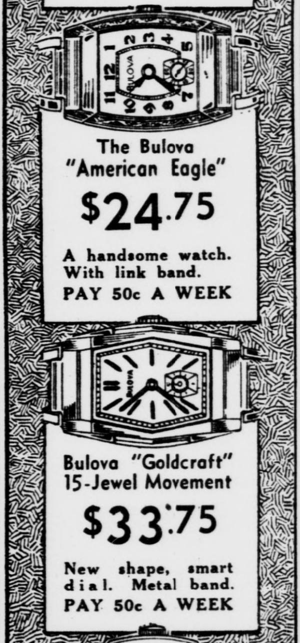 1936 Bulova - American Eagle, Goldcraft watch advert