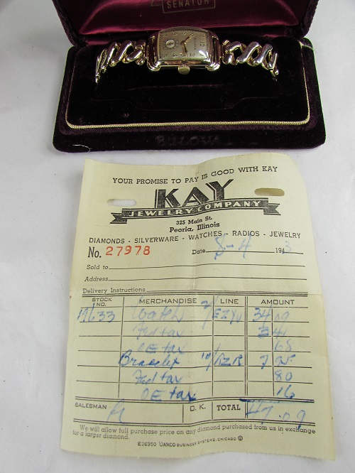 1943 Senator Bulova Gold color watch sales receipt