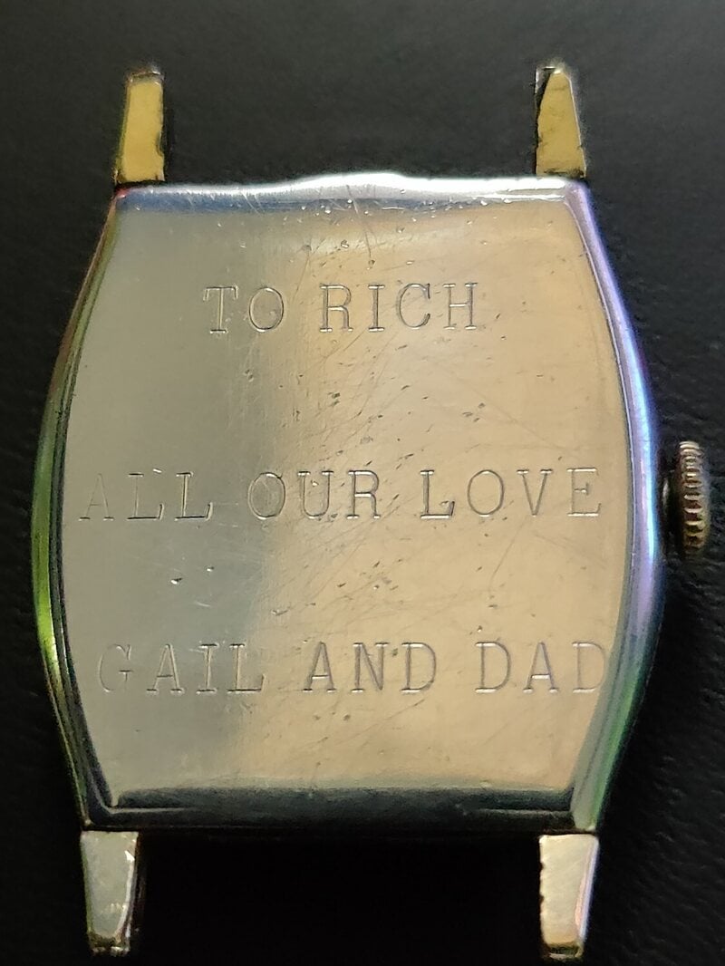 Case back, with inscription "To Rich All Our Love Gail and Dad"